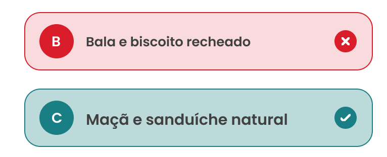 Feedback de respostas: incorreta com ícone de X e borda vermelha, correta com ícone de check e borda verde-azulada