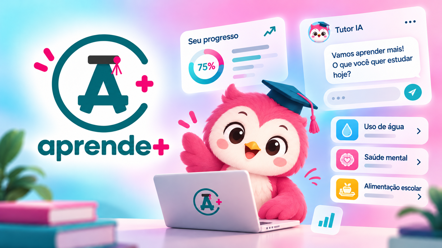 Capa do Aprende+: logo da plataforma, coruja mascote estudando no notebook, card de progresso de 75%, chat com o Tutor IA e trilhas sobre uso de água, saúde mental e alimentação escolar
