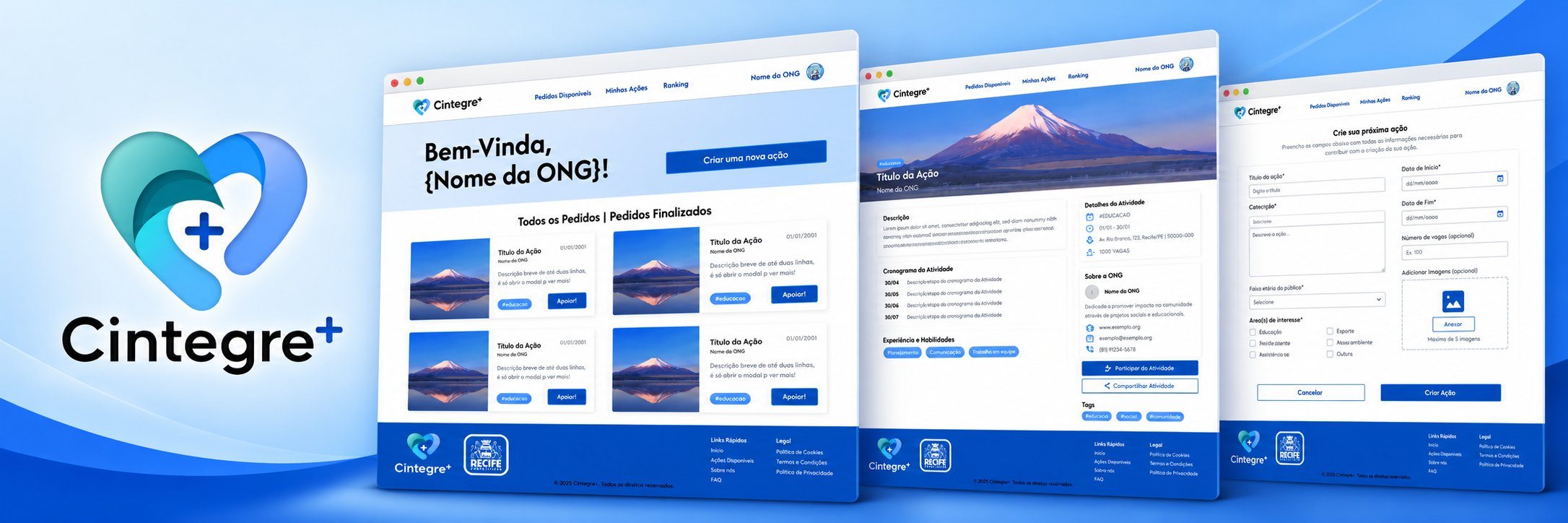 Capa do CIntegre+: logo à esquerda e três janelas de navegador em perspectiva sobre fundo azul, com o painel da ONG, os detalhes de uma ação e o formulário de criação de ação