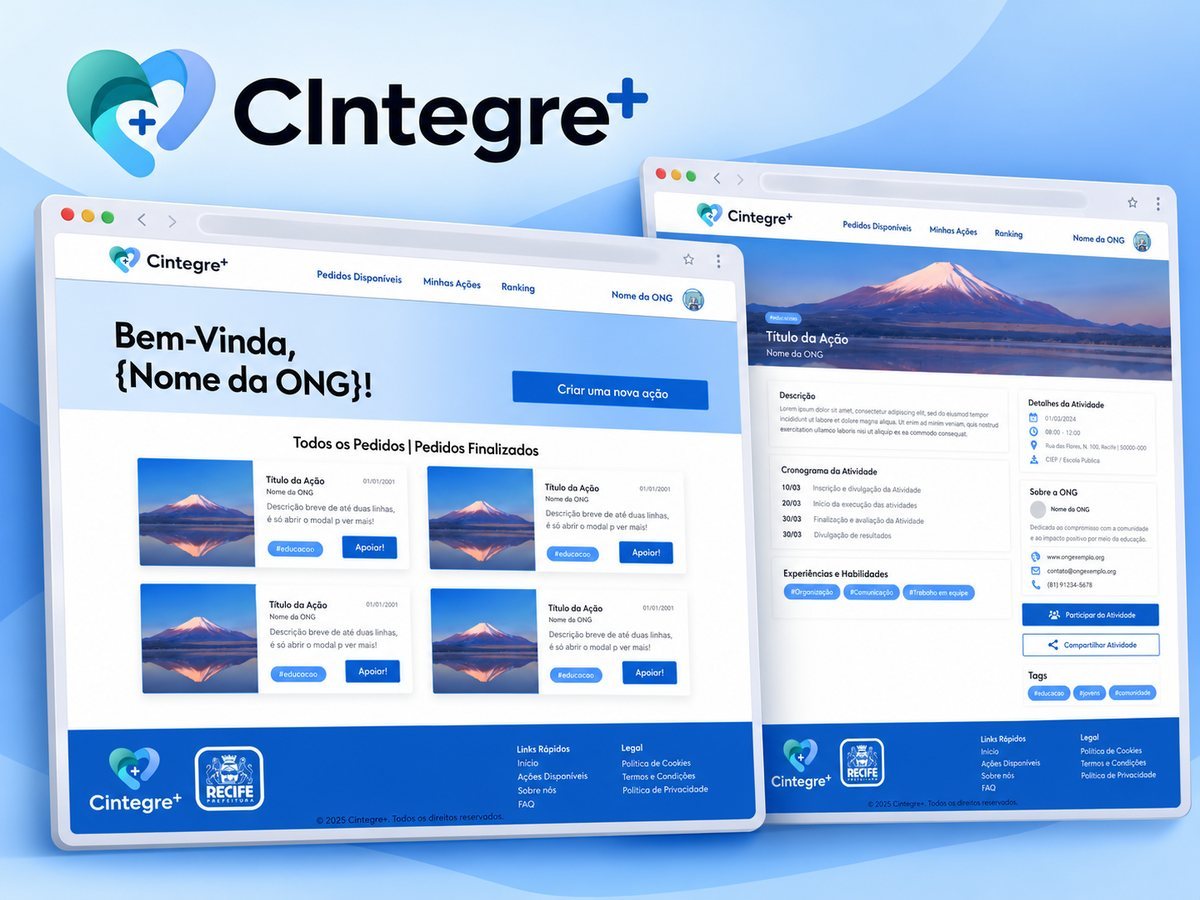 Capa do CIntegre+: logo em destaque e duas janelas de navegador com o painel da ONG e os detalhes de uma ação, em fundo azul-claro