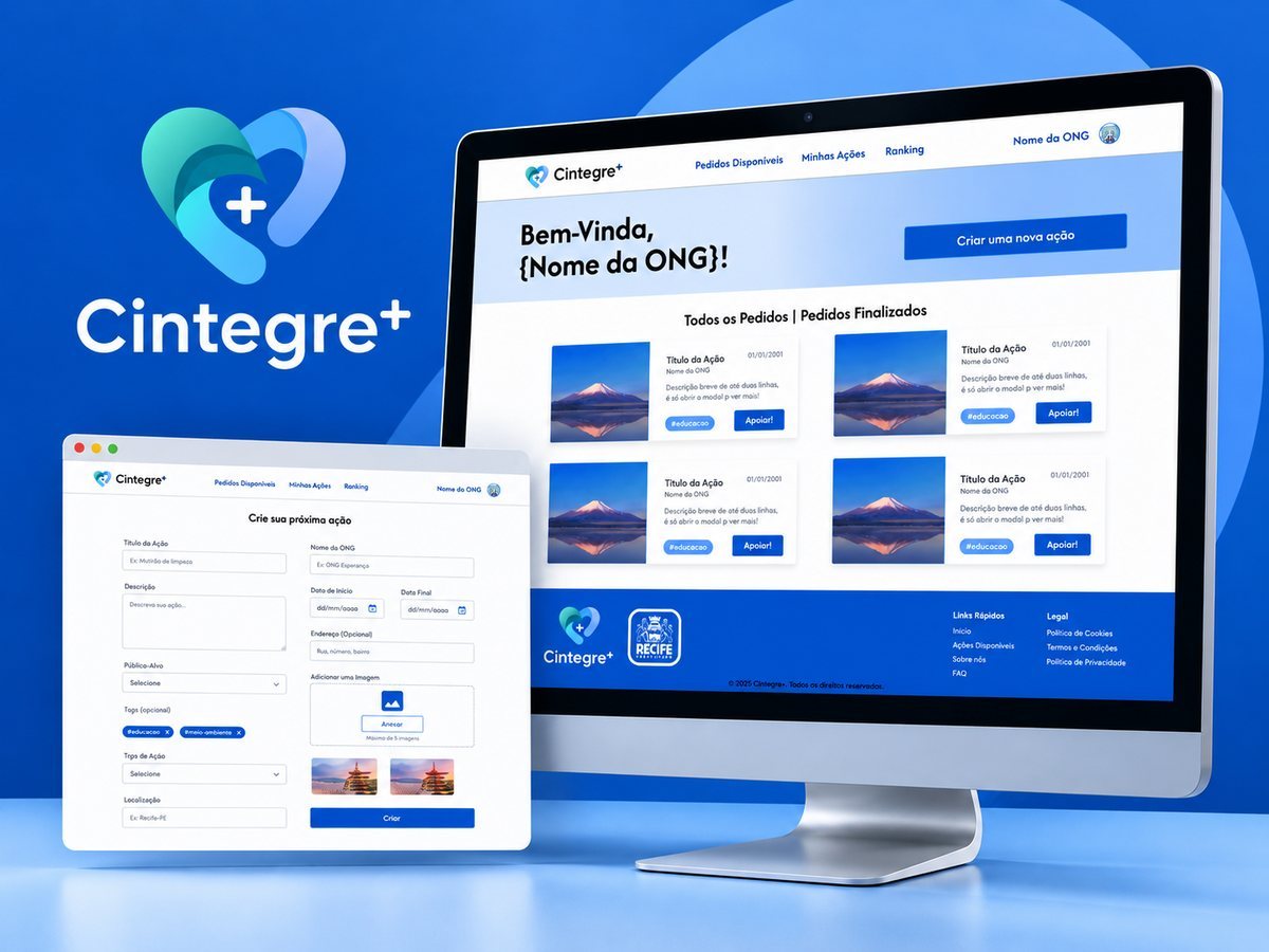 Capa do CIntegre+: logo branca em fundo azul, monitor com o painel da ONG e janela com o formulário de criação de ação