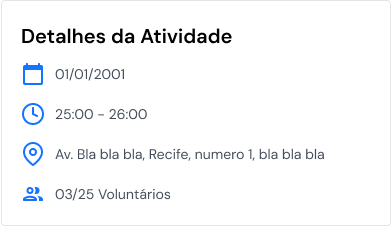 Bloco Detalhes da Atividade com data, horário, endereço e número de voluntários