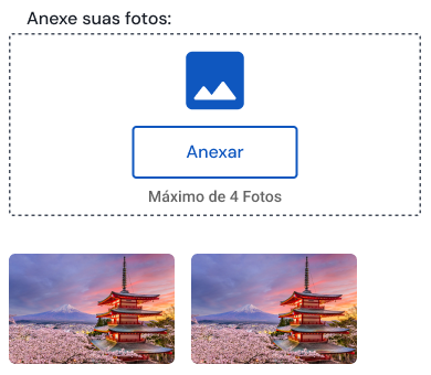 Área de upload Anexe suas fotos com botão Anexar e duas miniaturas