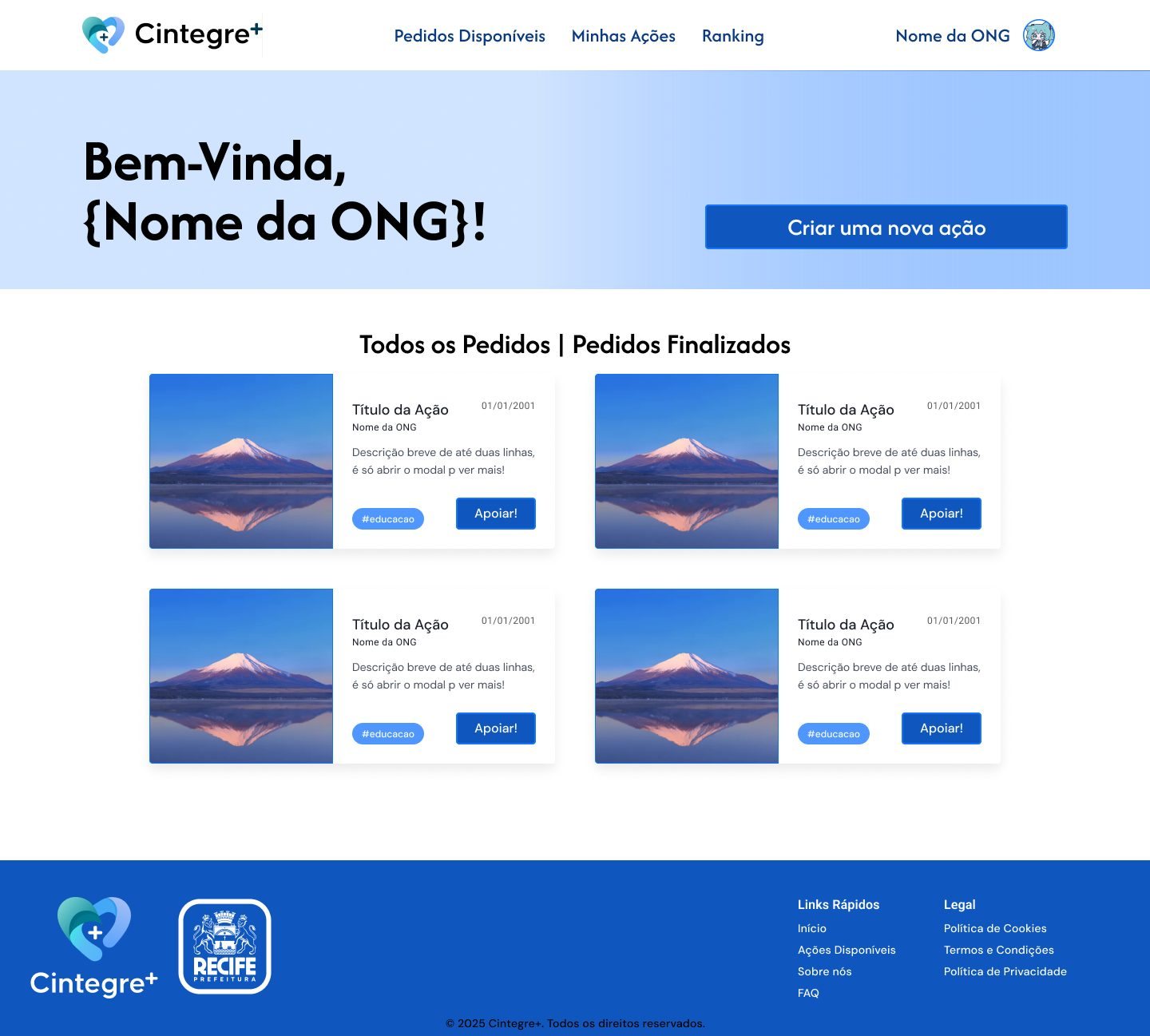 Painel da ONG com saudação Bem-Vinda, botão Criar uma nova ação e cards de pedidos