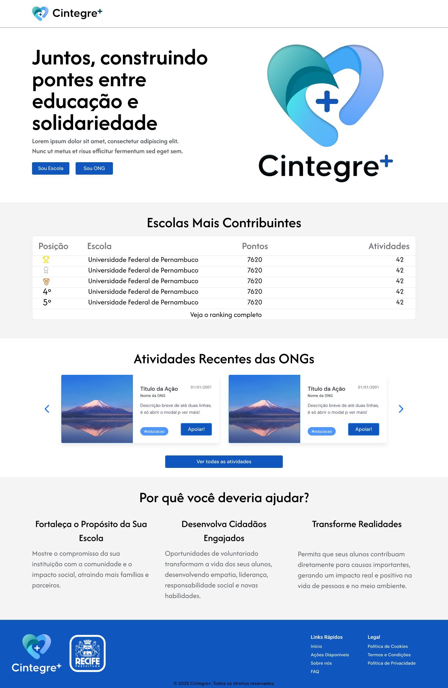 Página inicial do CIntegre+ com a chamada Juntos, construindo pontes entre educação e solidariedade, botões Sou Escola e Sou ONG, tabela Escolas Mais Contribuintes e carrossel de atividades recentes das ONGs