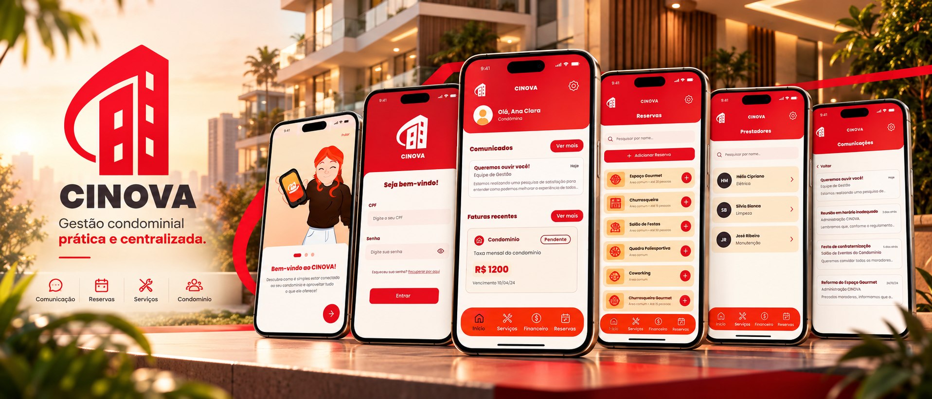 Banner do CINOVA: logo, chamada Gestão condominial prática e centralizada e seis celulares com tutorial, login, início, reservas, prestadores e comunicações