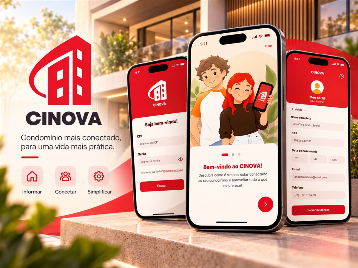 Capa do CINOVA com logo e três celulares: login, tutorial e perfil