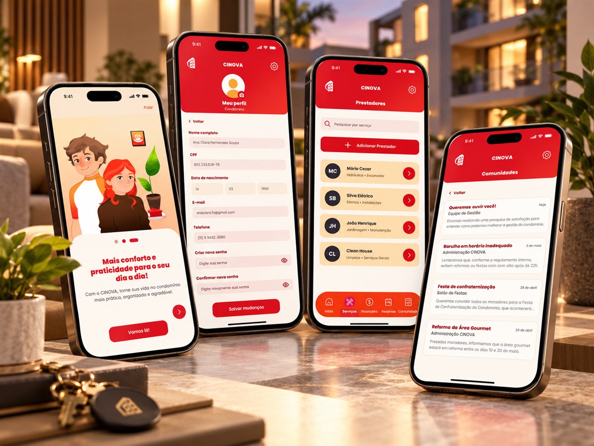 Quatro celulares do CINOVA: tutorial, perfil, prestadores e comunidades