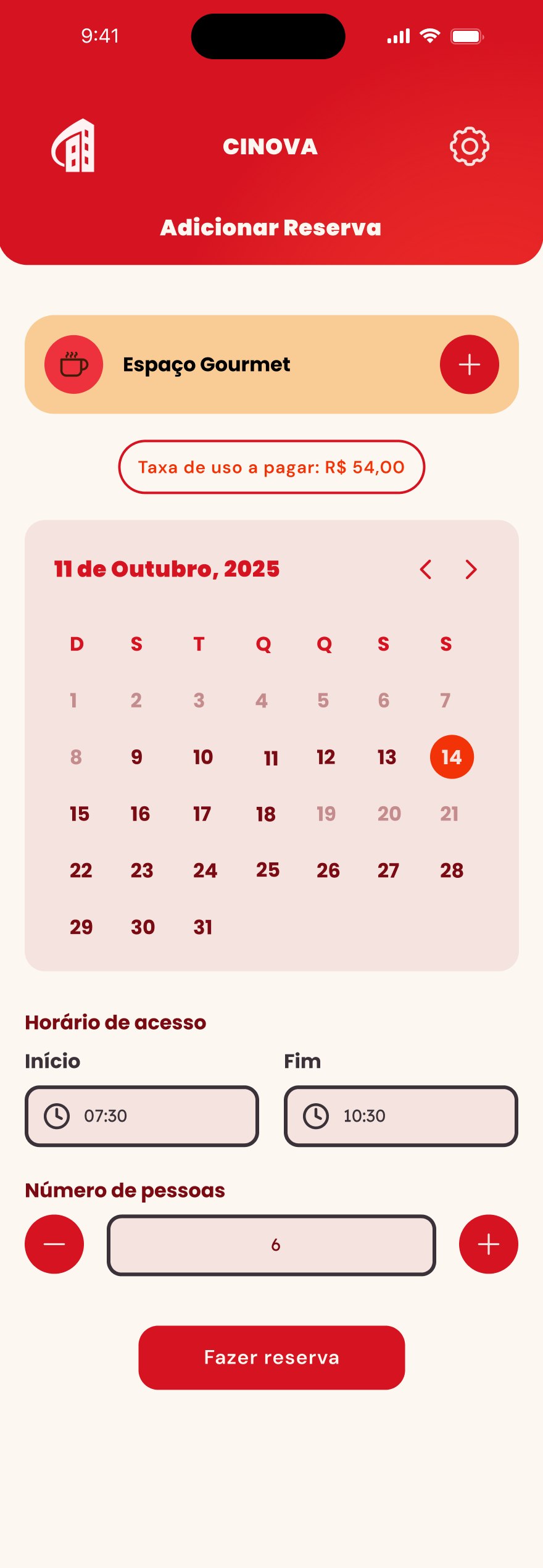 Reserva de área com calendário, horário e número de pessoas