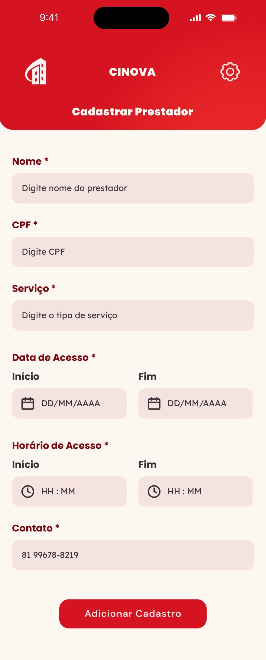Formulário de cadastro de prestador