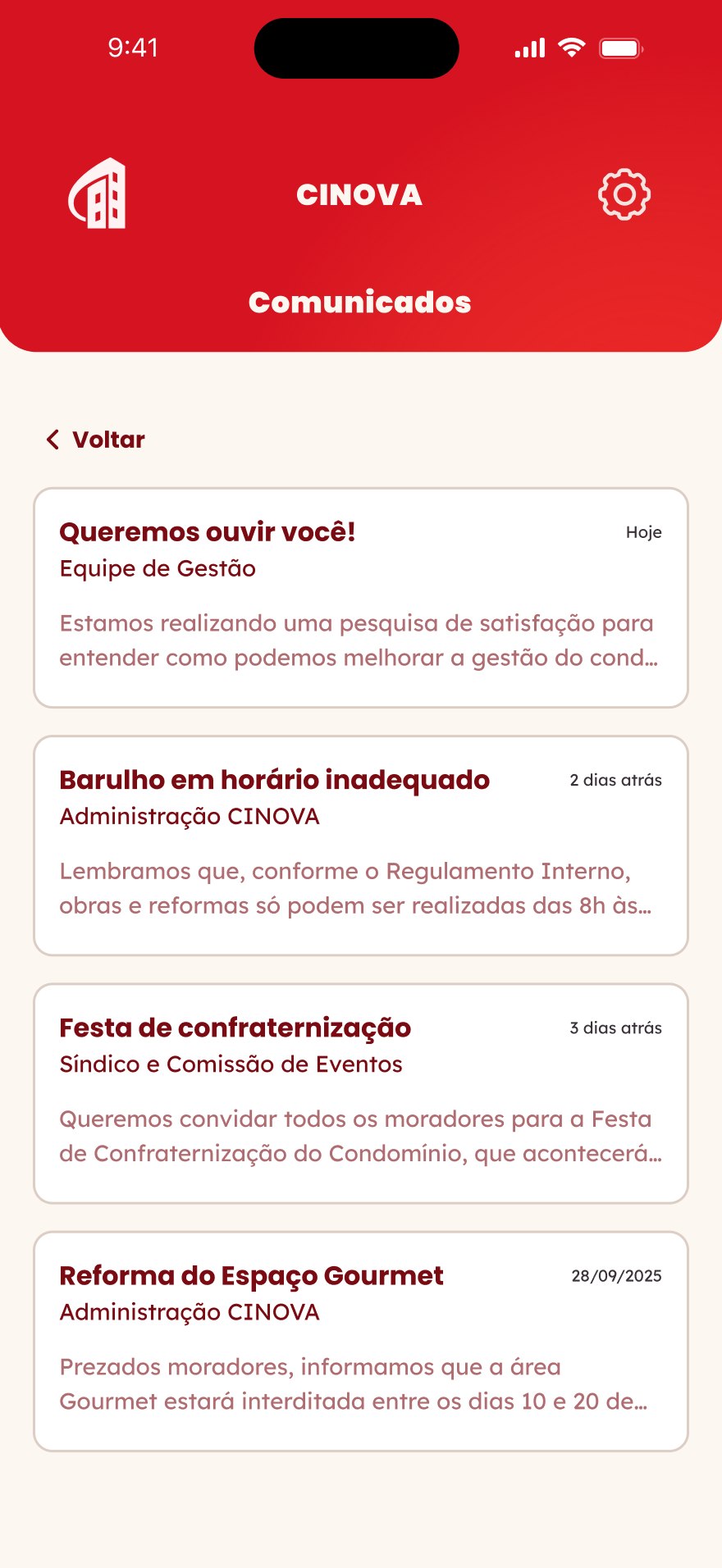 Lista de comunicados da gestão