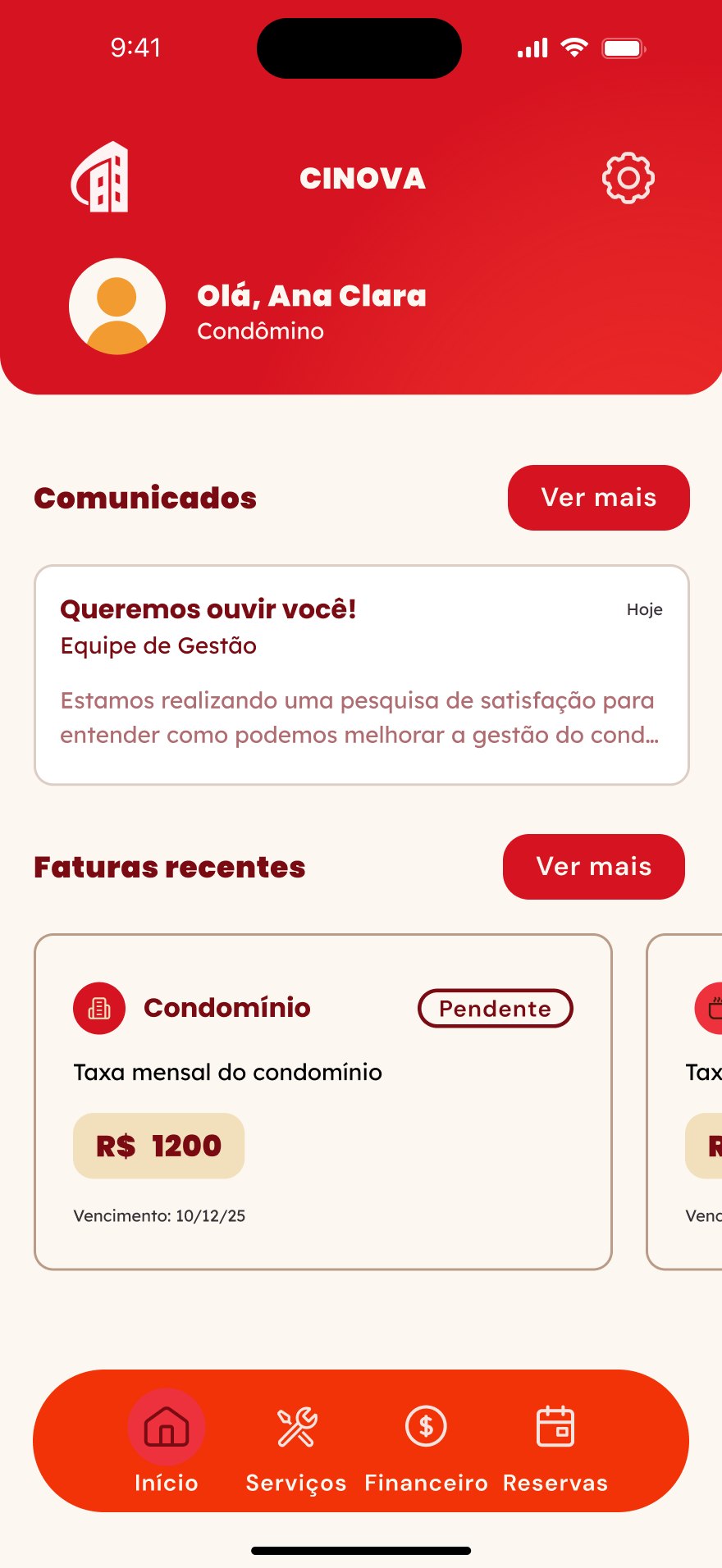 Tela inicial com saudação, comunicados e faturas recentes