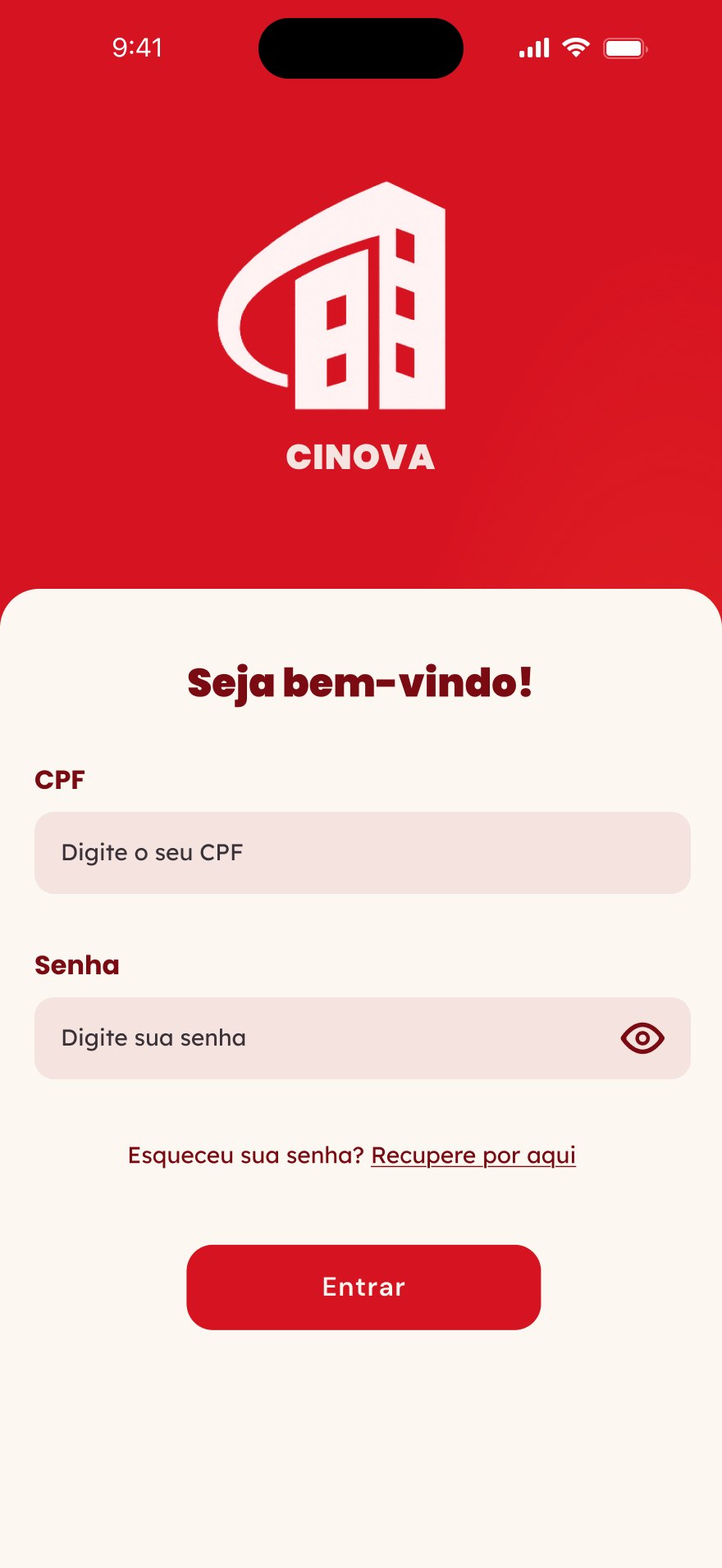 Tela de login com campos de CPF e senha