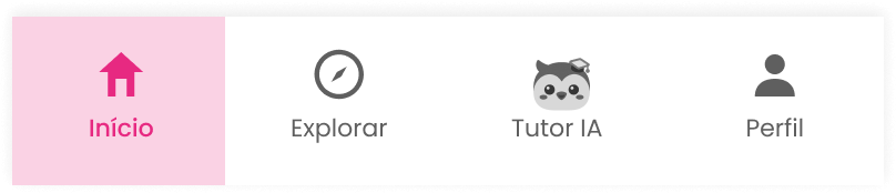 Barra de navegação inferior com Início ativo, Explorar, Tutor IA e Perfil
