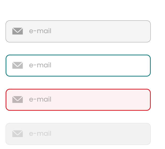 Campo de e-mail nos estados padrão, foco, erro e desabilitado
