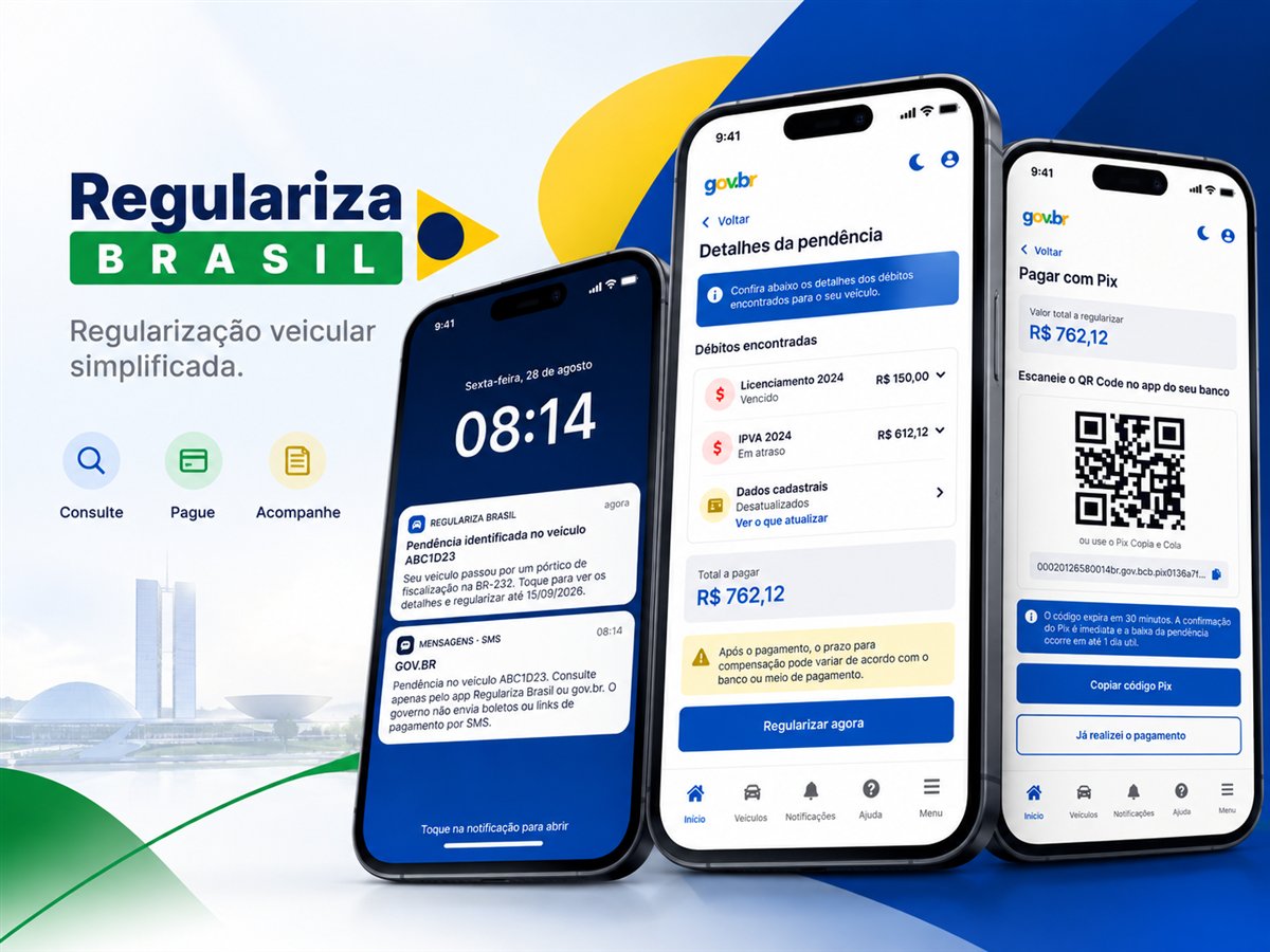 Capa do Regulariza Brasil com três celulares: notificação, detalhes da pendência e pagamento com Pix
