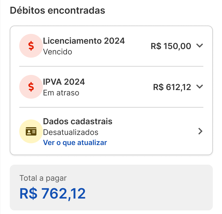 Recorte da tela de detalhes: débitos encontrados e total a pagar