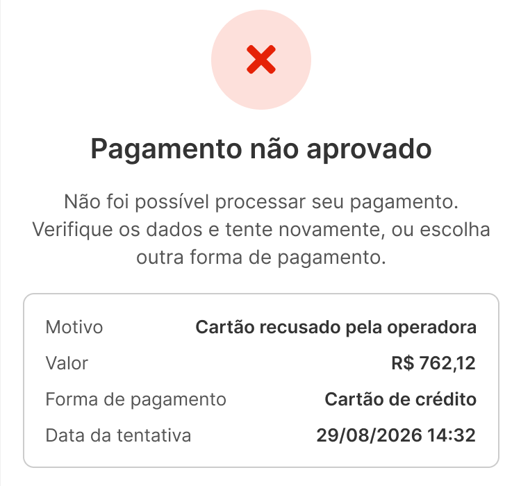 Recorte: pagamento não aprovado com o motivo e as opções