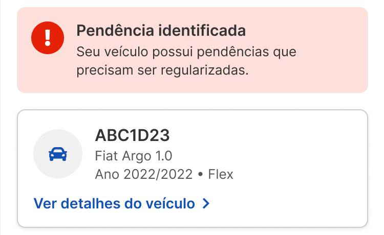 Recorte: alerta Pendência identificada e cartão do veículo ABC1D23