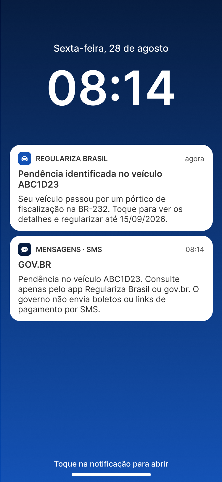 Tela de bloqueio com notificação do Regulariza Brasil sobre pendência no veículo ABC1D23 e SMS do GOV.BR