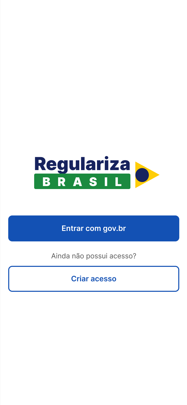 Tela de acesso com logo do Regulariza Brasil e botões Entrar com gov.br e Criar acesso