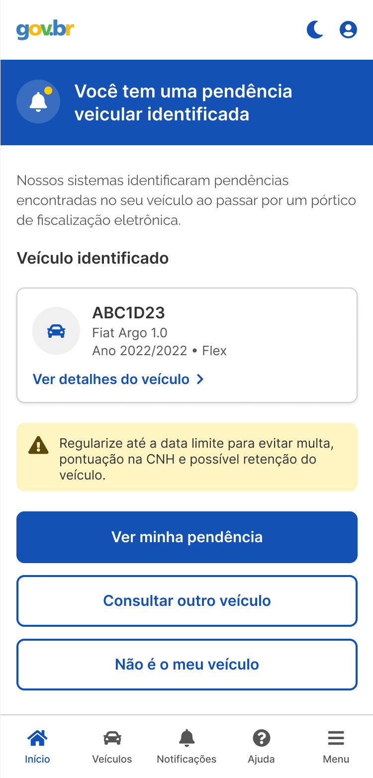 Tela inicial com aviso Você tem uma pendência veicular identificada e o veículo ABC1D23