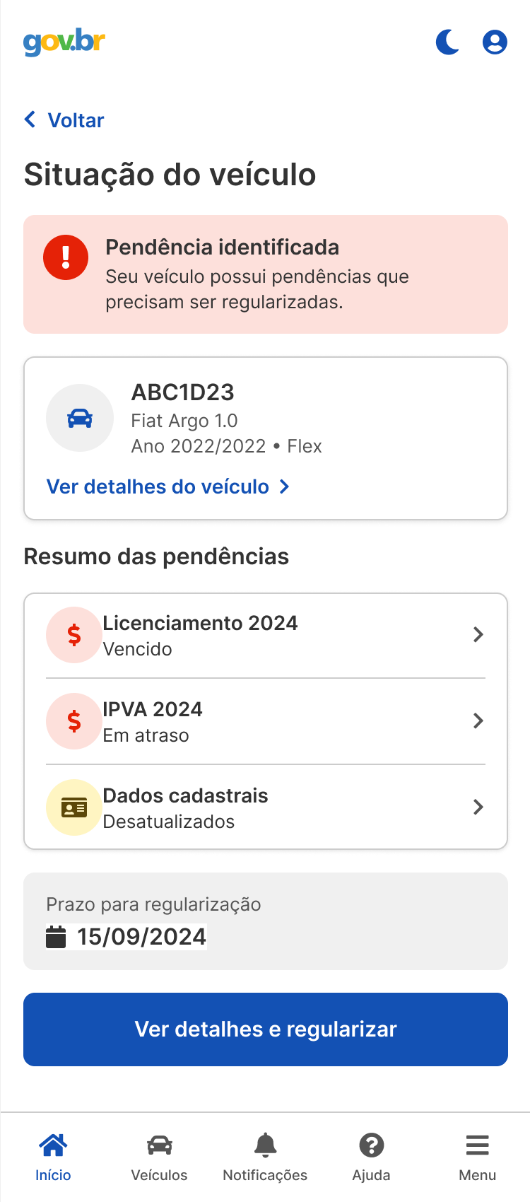Tela Situação do veículo: alerta de pendência identificada, cartão do veículo e resumo das pendências