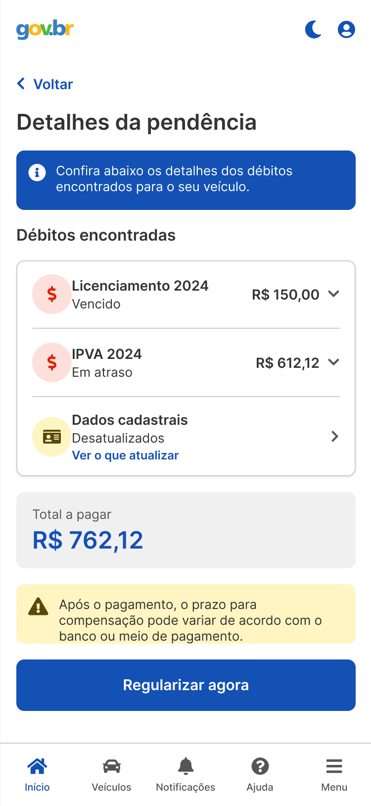 Detalhes da pendência com débitos de licenciamento e IPVA e total a pagar de R$ 762,12