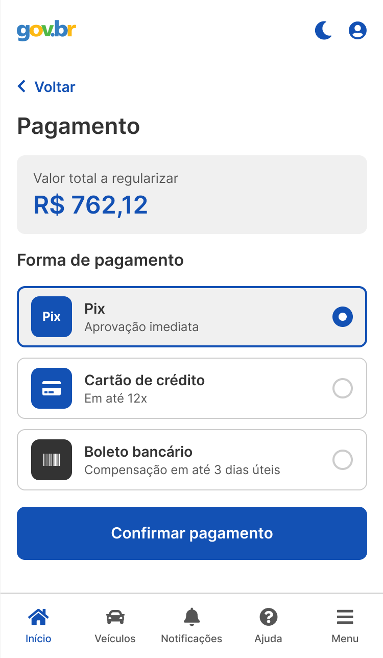 Escolha da forma de pagamento: Pix, cartão de crédito ou boleto