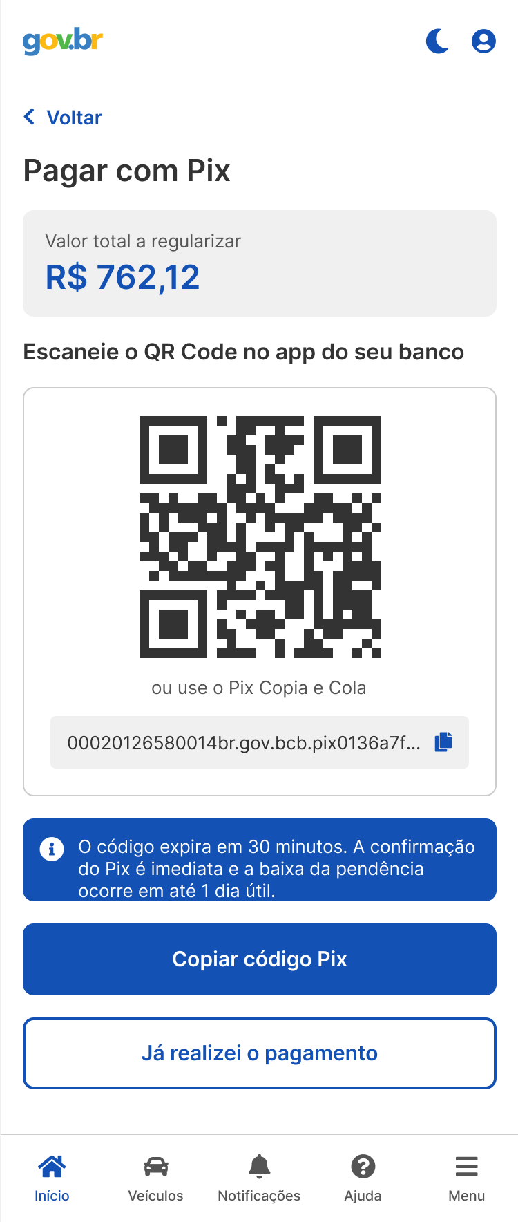 Pagamento com Pix: QR Code, código copia e cola e aviso de expiração