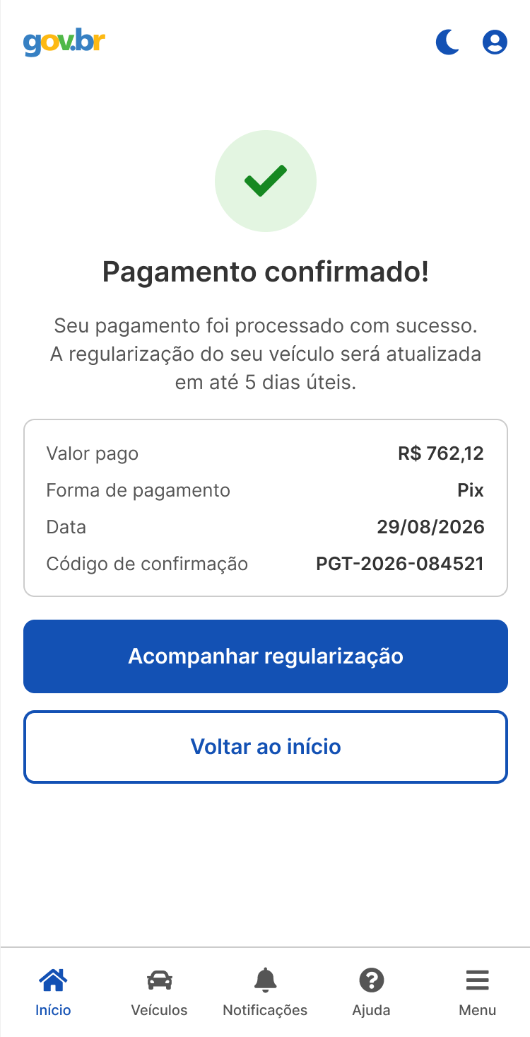 Pagamento confirmado com resumo do valor, forma de pagamento, data e código