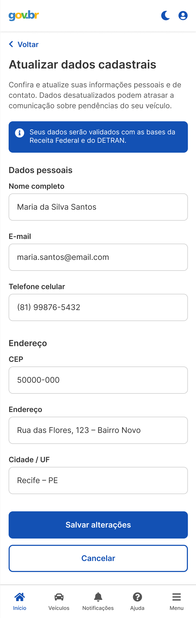 Formulário de atualização de dados cadastrais