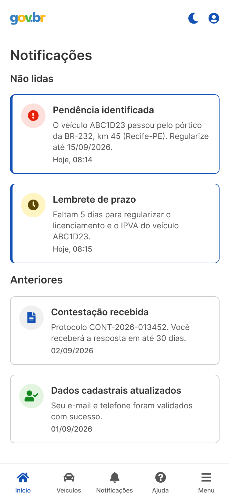 Central de notificações do aplicativo