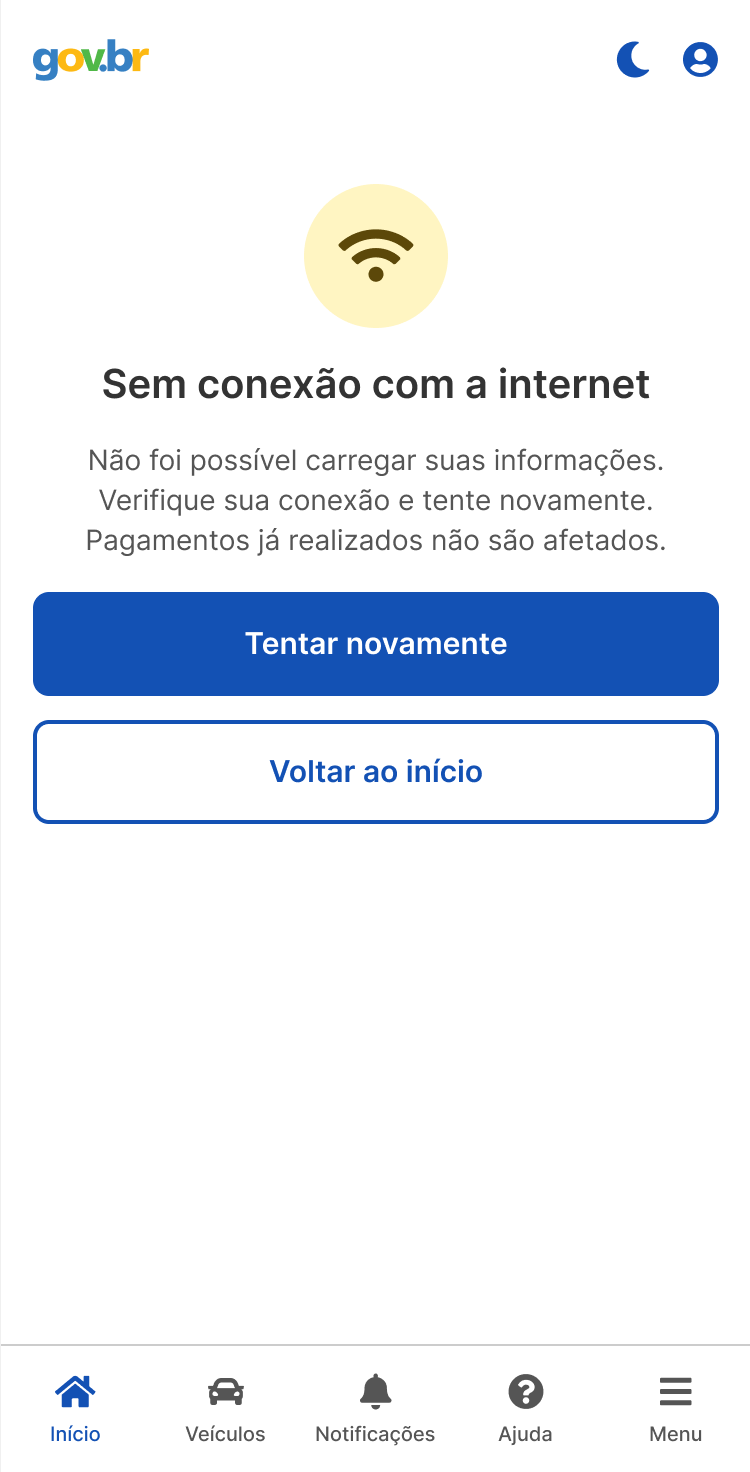 Sem conexão com a internet, com botões Tentar novamente e Voltar ao início