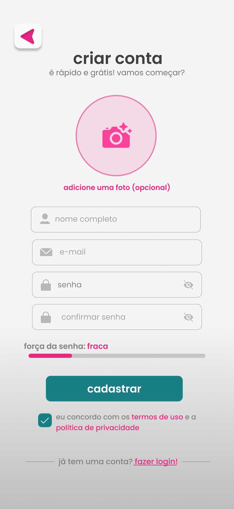 Tela Criar conta: foto opcional, nome, e-mail, senha com indicador de força e botão cadastrar