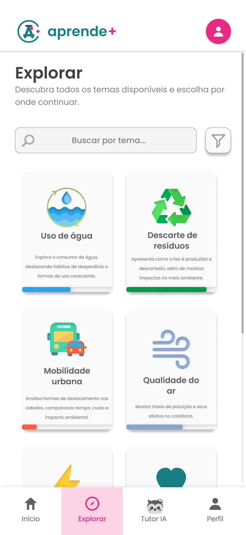 Tela Explorar do Aprende+, com busca por tema e cards de Uso de água, Descarte de resíduos, Mobilidade urbana e Qualidade do ar