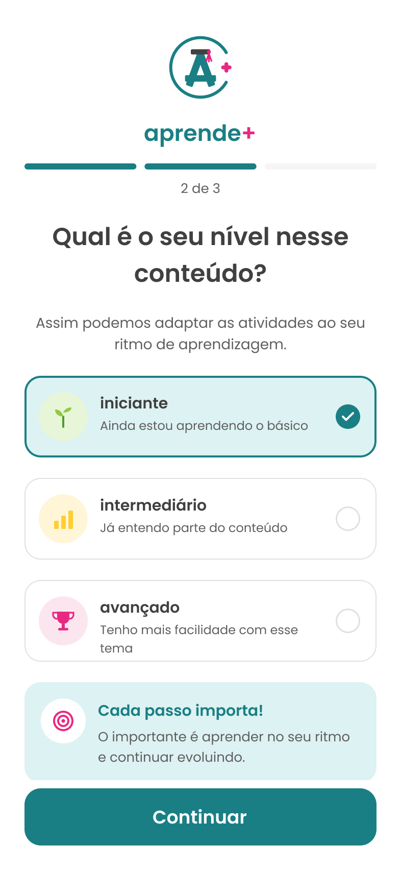 Preferências 2 de 3: Qual é o seu nível nesse conteúdo? com nível selecionado