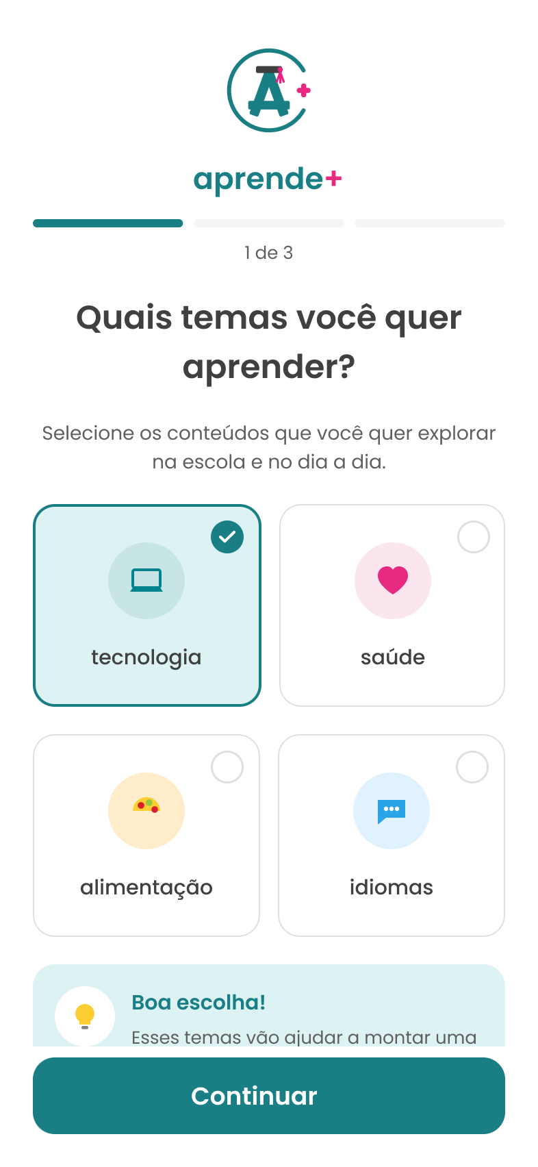 Tela final de interesses do Aprende+