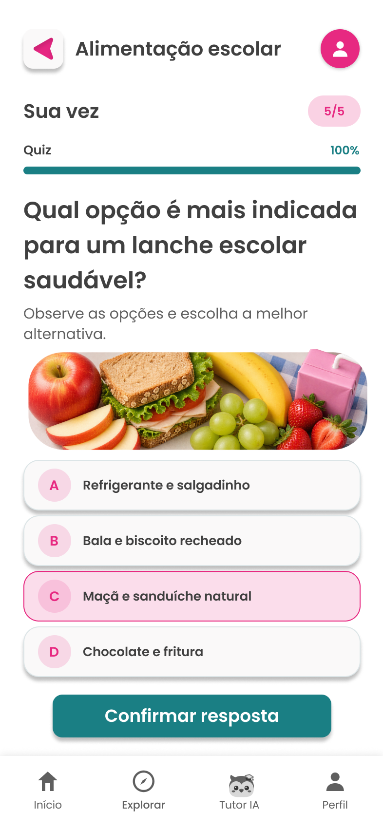 Quiz de Alimentação escolar, pergunta 5, com a opção certa selecionada