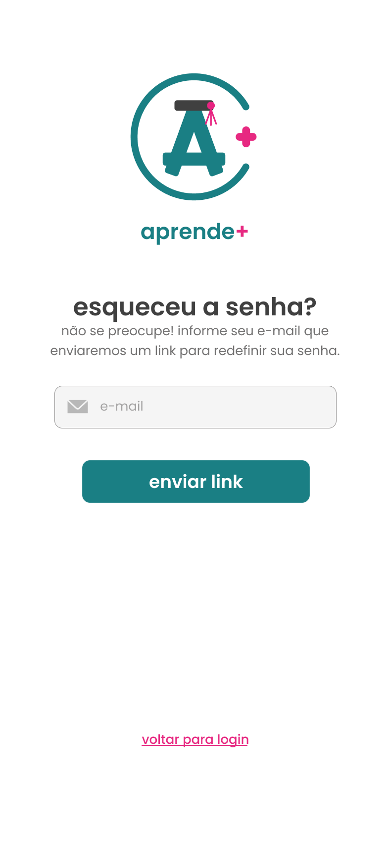 Tela Esqueceu a senha: campo de e-mail e botão enviar link