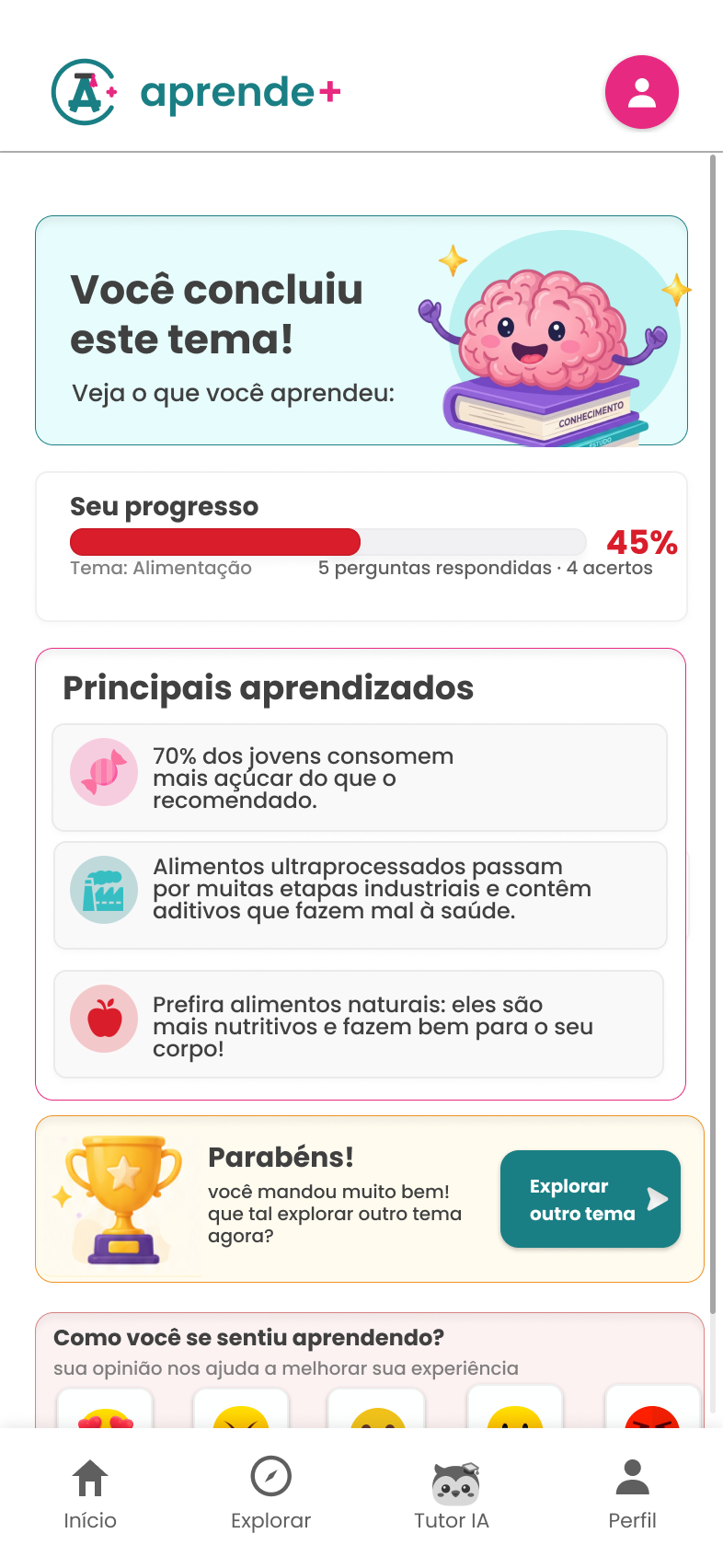 Resumo da aprendizagem: tema concluído, progresso e principais aprendizados
