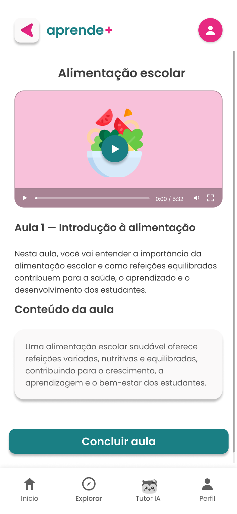 Tela de videoaula do tema Alimentação escolar